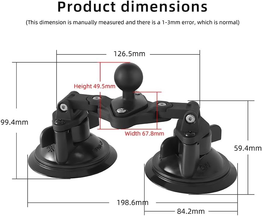 Dual Suction Cup Mount Base with 1-Inch Ball, Compatible with RAM Mounts B Size Double Socket Arms & 25mm Ball Systems