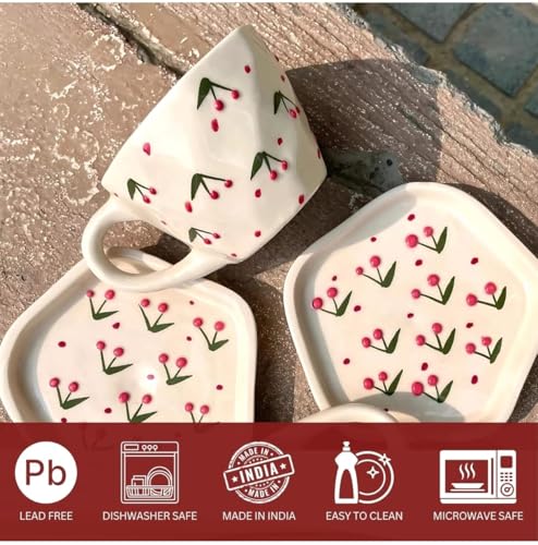 Image of THE MOON STORE Ceramic Coffee Cup and Saucer Set, Cherry Pattern Design, White, 250ml for Gift Aniversary and Birthday (4)