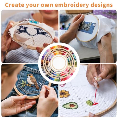 Qixora DIY Stickerei Kit, 120 Farbfäden Stickerei Starter Kit, Leicht zu Lagern Kreuzstich Set für Erwachsene, 3 Aida Tücher und Kreuzstich Werkzeug Set mit 5PCS Bambus-Stickrollen Embroidery Kit