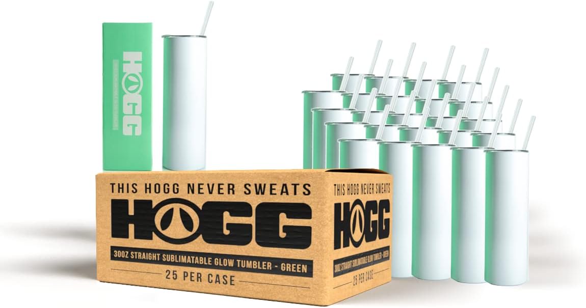 Hogg 30 oz Glow in the Dark Sublimation Tumblers (24 Units) - Green, Sublimation Blanks, Glow in the Dark Tumbler, 30oz Skinny, Blank Cups with Lids and Straws