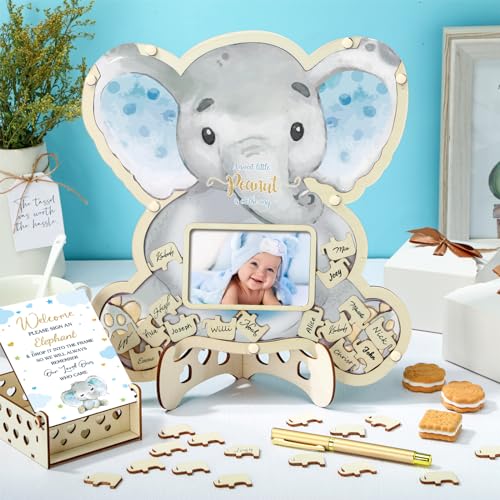 Image of Wenqik 63 Pcs Elephant Baby Shower Guest Book Alternatives Set Baby Shower Decorations with Photo Frame Sonogram Frame Keepsake 60 Wood Slices Guest Book for Birthday