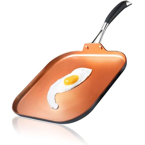 NutriChef Nonstick Kitchen Cookware Set Copper Non-Stick Coating Inside, Hard-Anodized Look Heat Resistant Lacquer Outside, Silicone Handle NCSQPA, 1 Griddle