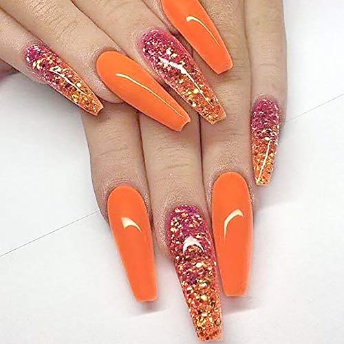 Hzacye 24 Pcs Glossy False Nails with Glue, Extra Long Press on Nails Coffin Nail Tips, Extra Long Coffin Fake Nails for Women (Orange & Glitter)
