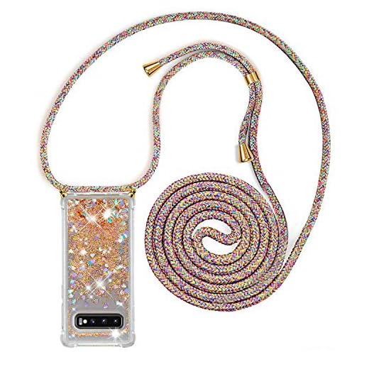 YuhooTech Handykette Hülle Kompatibel mit Samsung Galaxy S10 Plus - Quicksand Glitzer Hülle mit Band - Silikon Handyhülle mit Kordel Umhängenband - Schnur mit Treibsand Case zum Umhängen