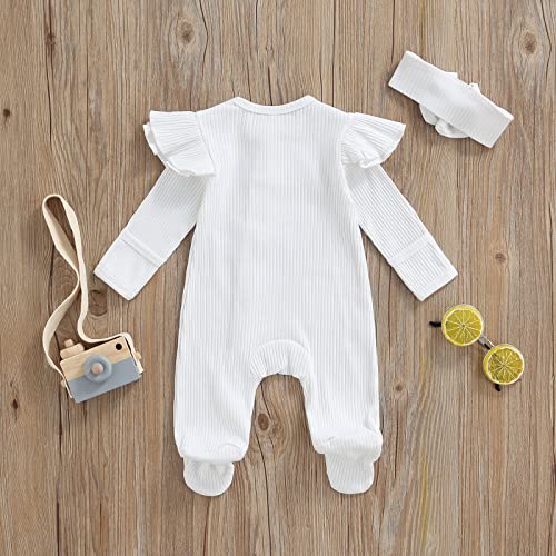 MERSARIPHY Newborn Baby Girl Footies Romper Onesie Zipper Ruffle Rib Footed Coming Home Outfit Jumpsuit Bodysuit and Headband4