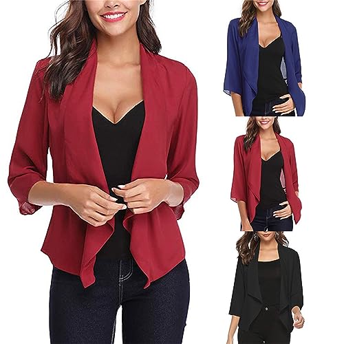 HGps8w Women's Flowy Chiffon Blazers 3/4 Sleeve Open Front Cardigans Lightweight Work Office Tops2