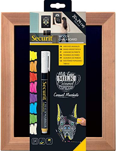 SECURIT - Pizarra de Pared "Woody" + Rotulador de Tiza Líquida - Pizarra Doble Cara - Marco de Madera Lacada - 20 x 24 cm - Color Teca