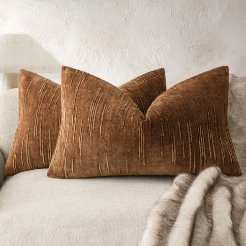 Image of Foindtower Pack of 2 Slubby Textured Chenille Throw Decorative Pillow Covers Lumbar Accent Solid Cushion Cover Fall Neutral Farmhouse Pillowcase for Couch Sofa Bed Living Room 12x20 Inch,Autumn Orange