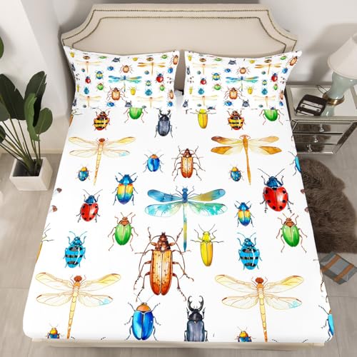 Erosebridal Kids Dragonfly Sheet Set TwinXL Size Ladybug Fitted Sheet Reptile Pattern Bedding Set for Boys Girls Children Colorful Bed Sheet Lightweight Bed Decorative(No Flat Sheet)