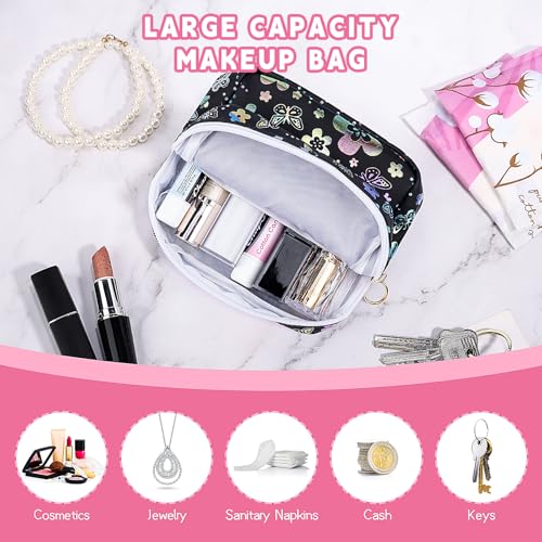 Image of Likesing 5.1 inch Mini Makeup Bag for Purse, Leather Small Makeup Pouch Travel Cosmetic Make up Bags for Women Girls, Cute Preppy Mini Toiletry Bag Coin Pouch Period Bag(Flower Butterfly Black)