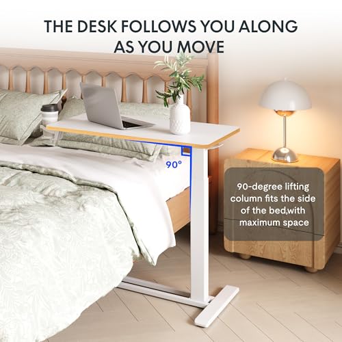 Image of FLEXISPOT H7 Adjustable Overbed Bedside Table with Wheels Pneumatic Mobile Standing Laptop Desk Rolling Computer Cart Movable Overbed Table Hospital Home Use (31.5 inch W x 17.7 inch D, White Maple Large)