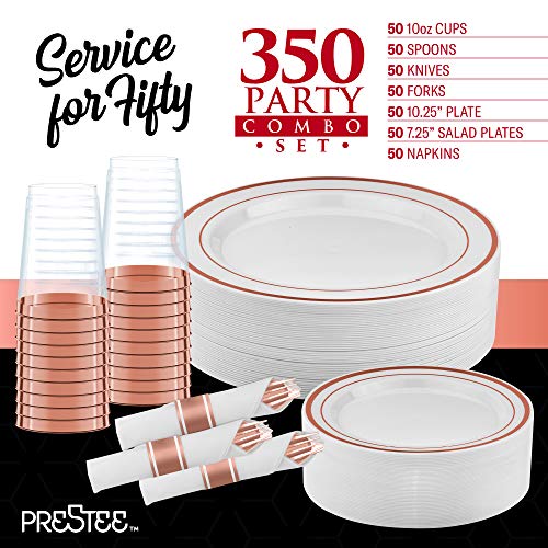 350 Piece Rose Gold Dinnerware Party Set - 50 Guest - 100 Rose Gold Rim Plastic Plates - 50 Pre-Rolled Linen-Feel Napkins With Spoons, Forks, Knives - 50 Rose Gold 10Oz Cups #TOP2
