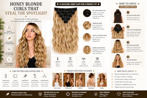 Image of Salon-Grade HONEY BLONDE Curly /Wavy Clip-in Extensions - 6PCS Synthetic Hair Volumizer with 13 Secure Clips for Instant Volume & Realistic Blend
