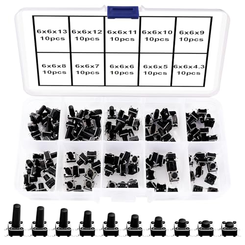 VooGenzek 100 Piezas 10 Valores 6x6mm Interruptor de Boton Momentaneo Tactil, Pulsador Táctil Interruptor Micro Momentáneo Tacto Kit, Negro