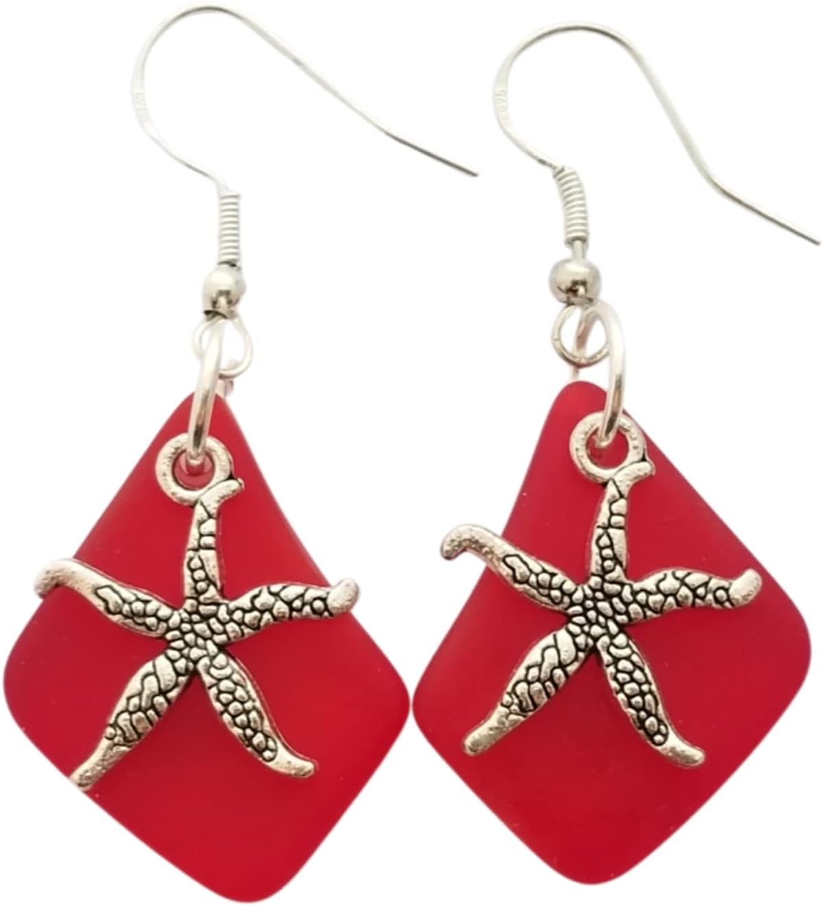 YInahawaii Handmade Red "Twin Starfish" sea glass earrings, January Birthstone ", Starfish charm, (Hawaii Gift Wrapped, Customizable Gift Message)