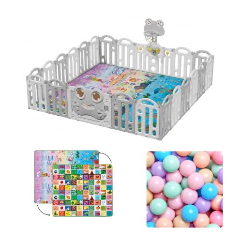 Image of Kids Station Frog Design Baby Play Yard with Playmat & 20 Colourful Balls, Safe Playpen for Infants & Toddlers, Foldable Fence, Anti-Slip Base, Indoor /Outdoor (Frog Grey, 150 x 180 cm)