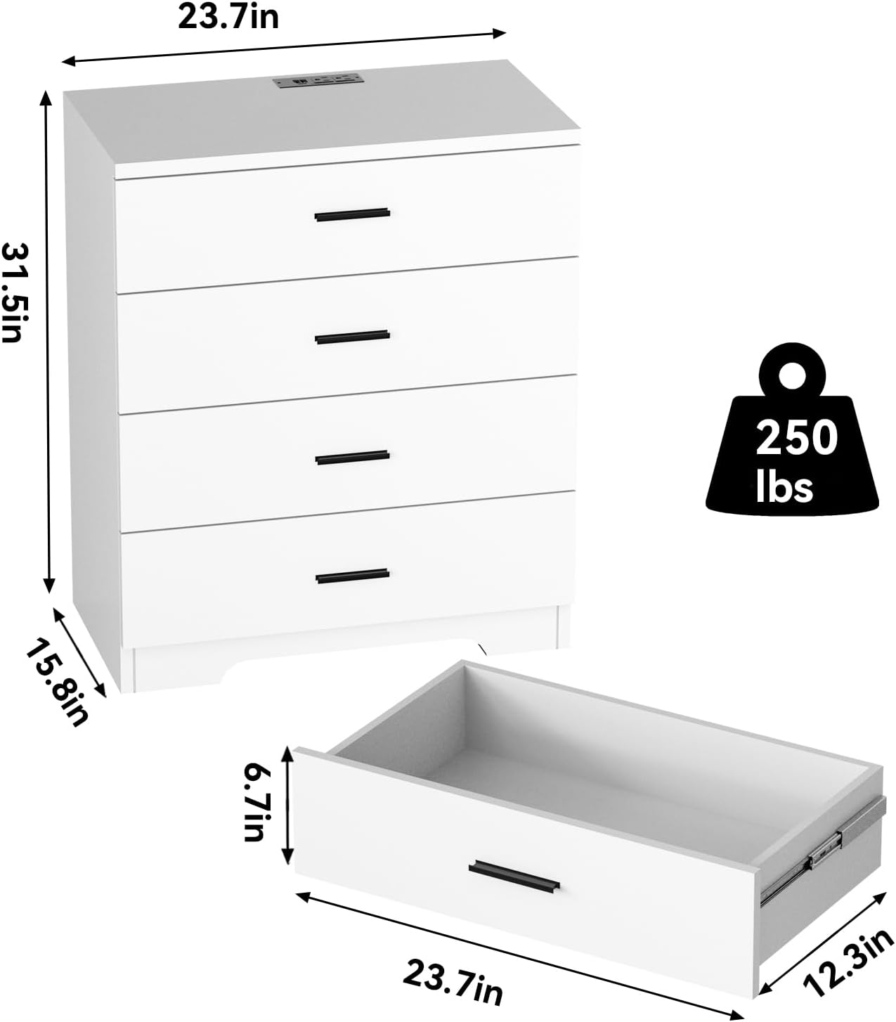 Dresser with Power Outlets Wooden 4 Drawer Dresser with USB and Type C Port Chest of Drawers for Bedroom Tall White Organizer Storage for Living Room Hallway Closet - Image 3