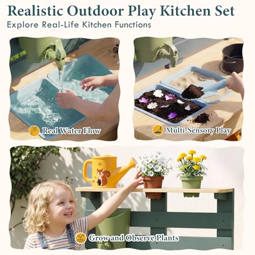 Image of Lehoo Castle Mud Kitchen for Kids Outdoor, Wooden Play Kitchen Outdoor Fun | Pretend Play Kitchen Playset with Weather-Resistant Wood, Real Faucet Sink, Water, Cooking & Planting Sensory Toys for Kid 3+
