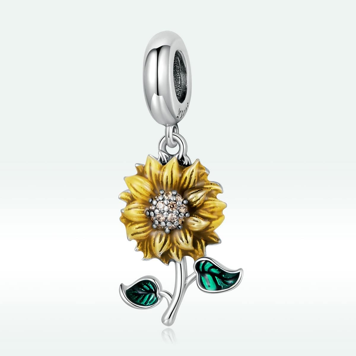 Vista 2 de Dije de girasol de plata de ley 925, dije de rosa con dije de amor, dije de cumpleaños para pulsera Pandora