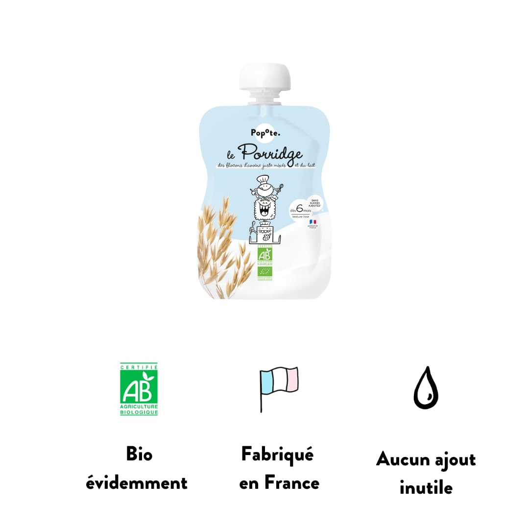 POPOTE - Porridge Bio Bébé - Dès 6 mois - Brassé Flocon Avoine, Lait Poudre - Gourde Individuelle - Texture Onctueuse - Format Pratique à Emporter - Produit en France - Pack Familial 10 x 100 g