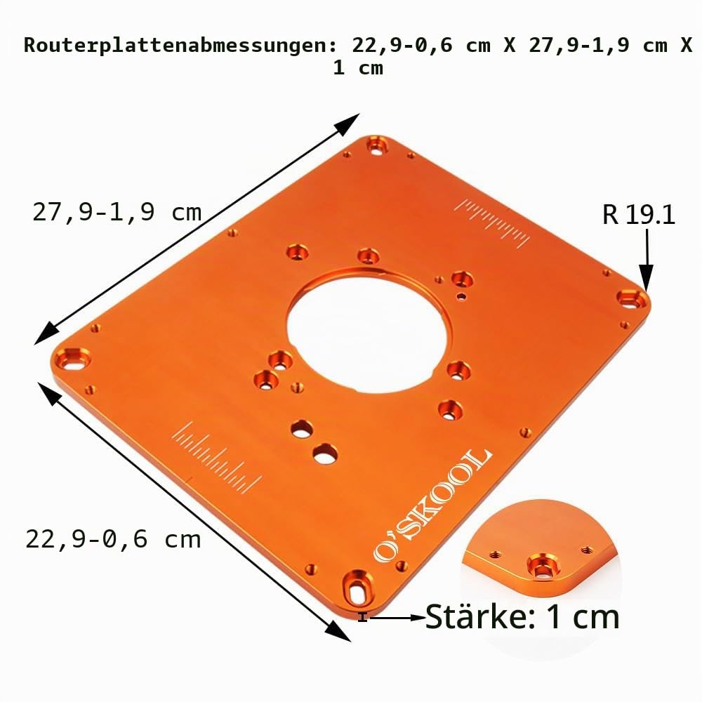 O'SKOOL Präzisions-Aluminium-Frästisch-Einsatzplatte, Fräser-Schablonen mit vorgebohrter Anpassung an mehrere Oberfräsen verschiedener Modelle