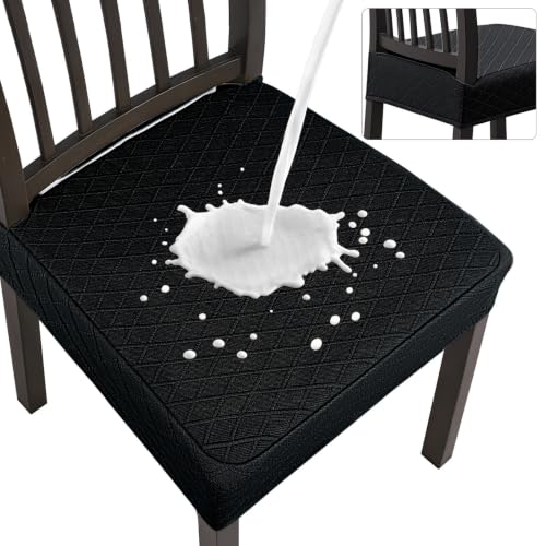 Image of SearchI Waterproof Dining Chair Seat Covers Set of 4, Hook and Loop Tape Stretch Chair Covers for Dining Chairs, Washable Dining Room Seat Cover Protector (Black)