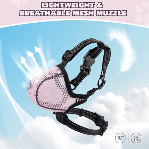 Image of Dog Muzzle,Mesh Soft Muzzle for Small Medium Large Sized Dogs, Breathable Reflective Adjustable Puppy Muzzles with Collar for Scavenging Grooming Biting Chewing,Allows Panting and Drinking(Pink L)