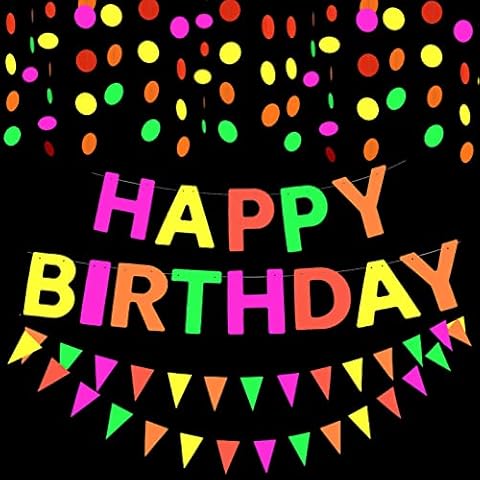 Neon Party Decorations, Glow Party Banner UV Party Decors, Glow Theme Birthday Party Banner Decorations, 1pcs Happy Birthday Banner with Neon Paper Pennant Banner and Neon Paper Circle Dots Garlands Cover