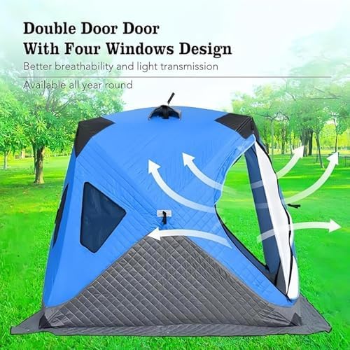 Portable Ice Fishing Shelter for 3-4 People, Insulated Pop-Up Tent with Removable Floor Mat & Carrying Bag, Thermal Hub for Ice Fishing, Durable & Compact, Blue
