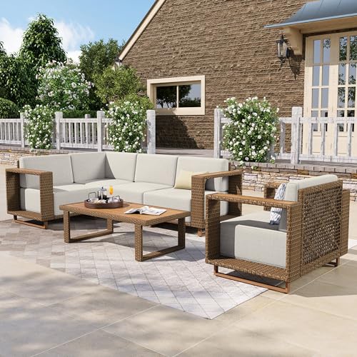 Image of HERA'S HOUSE Patio Sectional Furniture Set with 10 inch Thick Cushions, Outdoor Modular Couch Sofa Set, 5 Seats Yellow Rattan Conversation Sets for Deck Yard Lawn