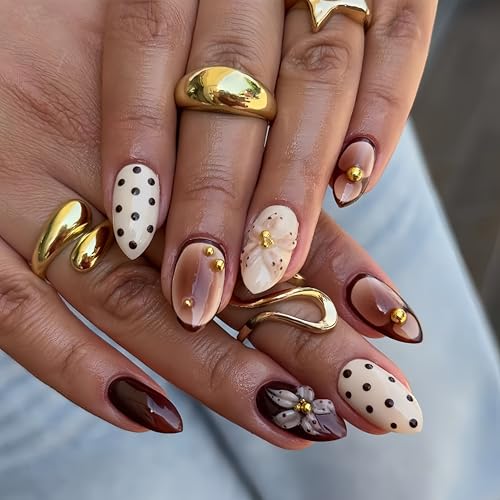 24Pcs Brown Press on Nails Polka Dots Fake Nails Medium Almond False Nails Press ons with 5D Flower Design Acrylic Nails Brown Ombre Stick on Nails Reusable Artificial Nails for Women Manicure