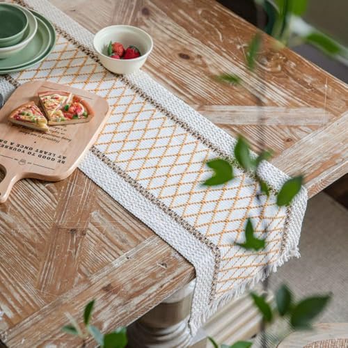 Image of HomeCloud Croshia Woven Table placemat - Heat Resistant, Washable Table Decoration for Dining, Office, Kitchen, Hotel, and Home (Runner Beige Boxes, Set of 1)