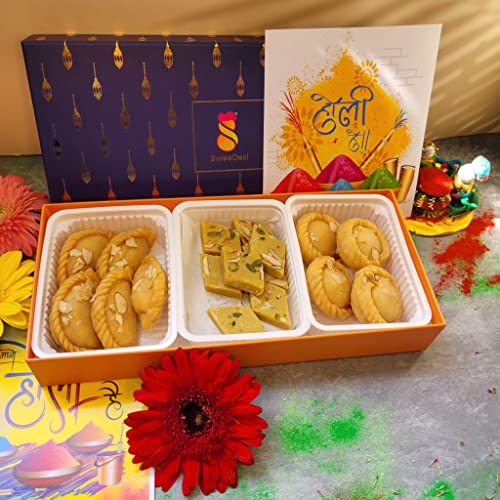 Image of SweeDesi Special Holi Hamper Sweets Box | Gujiya Prepared in Desi Ghee, Thandai Katli, Chandrakala with Greeting Card | Phalgun Box 6 | Shark Tank India Brand