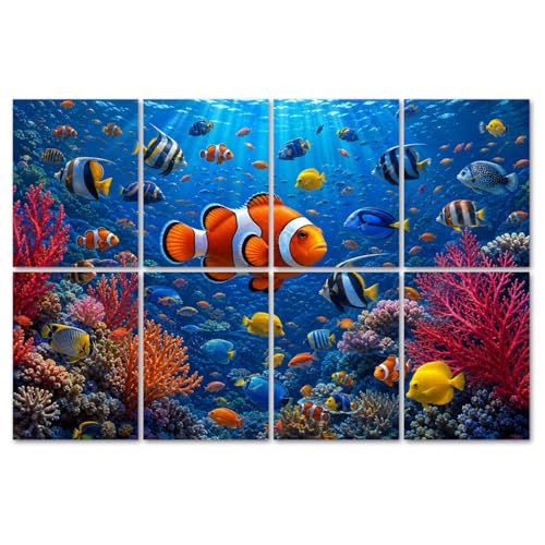 8 Pack Art Acoustic Panels Sound Absorbing Vibrant Coral Tropical Fish Bright Clownfish Crystal Blue Water Decorative Soundproof Wall Panels Self Adhesive for Recording Studios Office 48"x32"