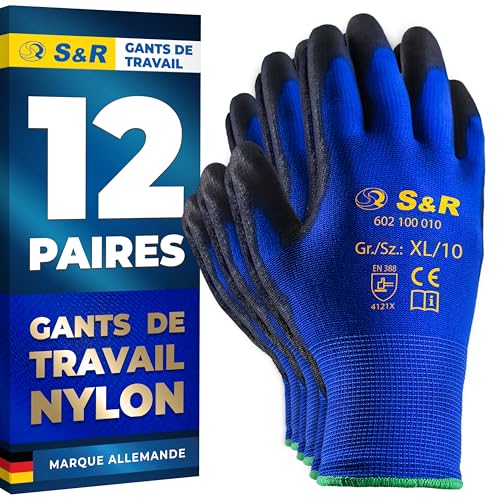 S&R Gants de Travail Homme Femme Taille 10 - Lot de 12 Paires – Gants de protection en Nylon Léger, Respirant, Résistant à l'Eau et à la Déchirure. Gants de Jardinage, Construction Bricolage