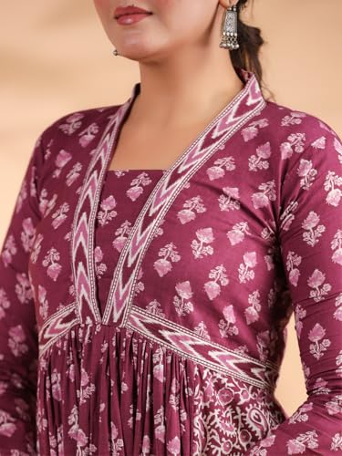 Image of Vbuyz Women's Floral Print Anarkali Cotton Aqua Blue Stitched Kurta | Anarkali Kurti for Women | Kurta for Women