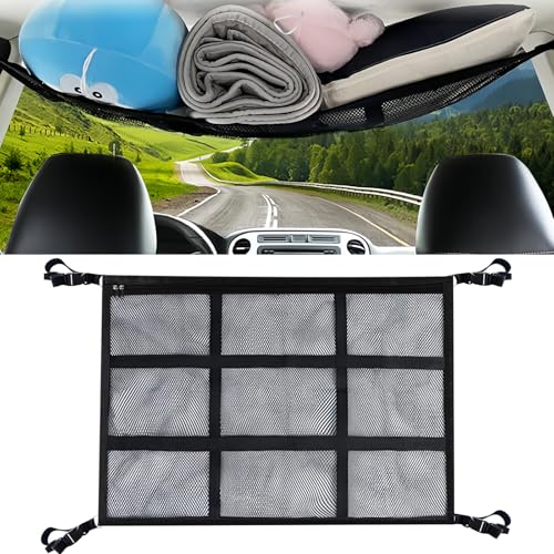 Car Ceiling Cargo Net,35.4″x 25.6″Adjustable Buckle Car Ceiling Storage,Double Layer Interior Roof Cargo Net,Roof Mesh Camping Overlanding Gear Must Haves CargoNet,Universal for SUV,Van,Trucks,RV