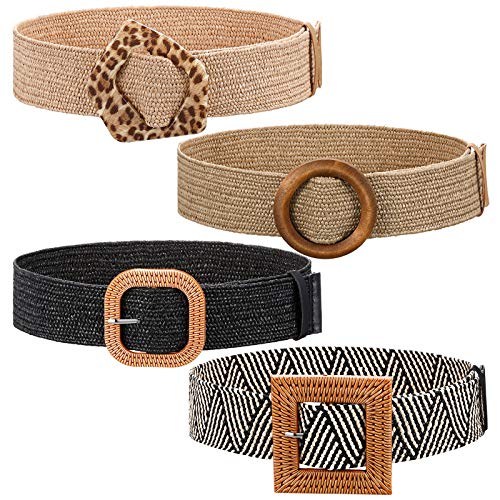 Geyoga 4 Pieces Straw Belts for Women Dresses Straw Woven Elastic Stretch Wide Waist Belt with Buckle Boho Braided Dress Belt