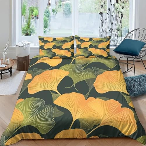 掛け布団カバー イチョウ 寝具カバーセット 植物 羽毛布団カバー クイーンサイズ 3点セット210x210 cm + 2 枕カバー 43x63 cm 柔らかい 通気性 肌に優しい 吸水速乾 オールシーズ