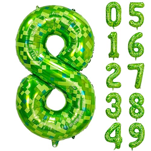 Image of 40 inch giant Green pixel miner game number 8 balloon | Large mining theme foil balloon 0-9 for pixel game parties children's birthdays party anniversary baby shower decoration