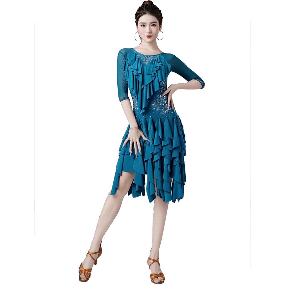 Yaaxinb Women's Latin Dance Dress Rhinestones Long Sleeves Crystal Hemp Ballroom Waltz Cha Cha Salsa Practice Skirt,Blue,XL