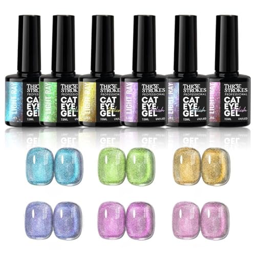 Image of THR3E STROKES Cat Eye Gel Nail Polish Set for Pink Brown Glitter Holographic Cat Eye, Salon Gel Manicure and Nail Art DIY at Home, Bright Moonlight (LIGHT RAY)