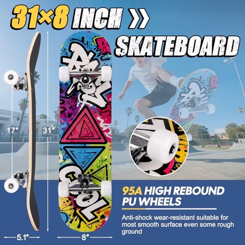 Image of Skateboards for Beginners Adults Youths Teens Kids Girls Boys 31 Inch Pro Complete Skate Boards 7 Layer Canadian Maple Double Kick Concave Longboards