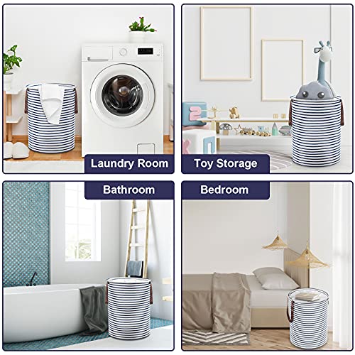 [2 Pack] Yiclick 19 Inches 58L Collapsible Large Laundry Hamper, Waterproof Freestanding Laundry Baskets With Extended Handles, Foldable Dirty Clothes Hamper Baskets For Baby Kids Nursery(Blue Stripe) #TOP5