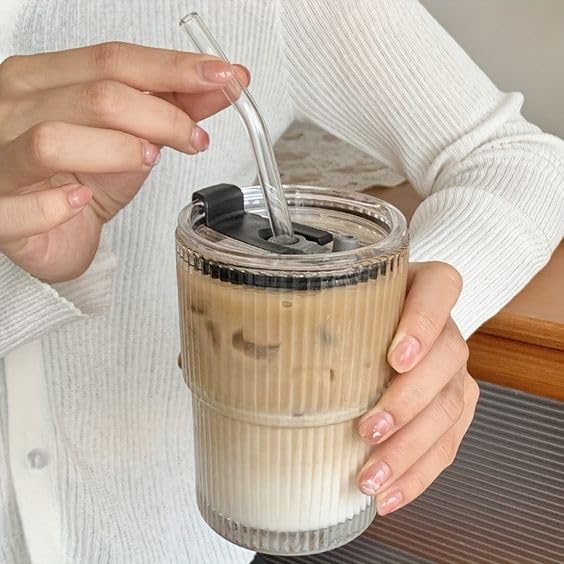 450ML Drink Coffee Glass Cup with Lid and Straw Best for for Juice Milk Coffee Green Tea Cup Reusable Sipper Bottle Travel Tumbler with lid and Straw Hot & Cold Drink Cups (1Pcs)
