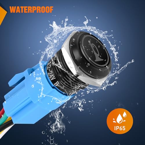 Image of Nilight 16mm 12V Momentary Horn Push Button Switch Blue LED Harness Kit | SPDT 1NO1NC metal switch with detachable tail plug socket, blue ring light, and 5A rating