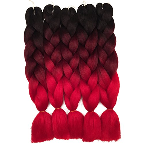5 Pieces Ombre Synthetic Braiding Hair Jumbo Braids Hair Braiding Kanekalon Mambo Twist Synthetic Hair Extension (24, black-purple-red) (24, black-wine-red)