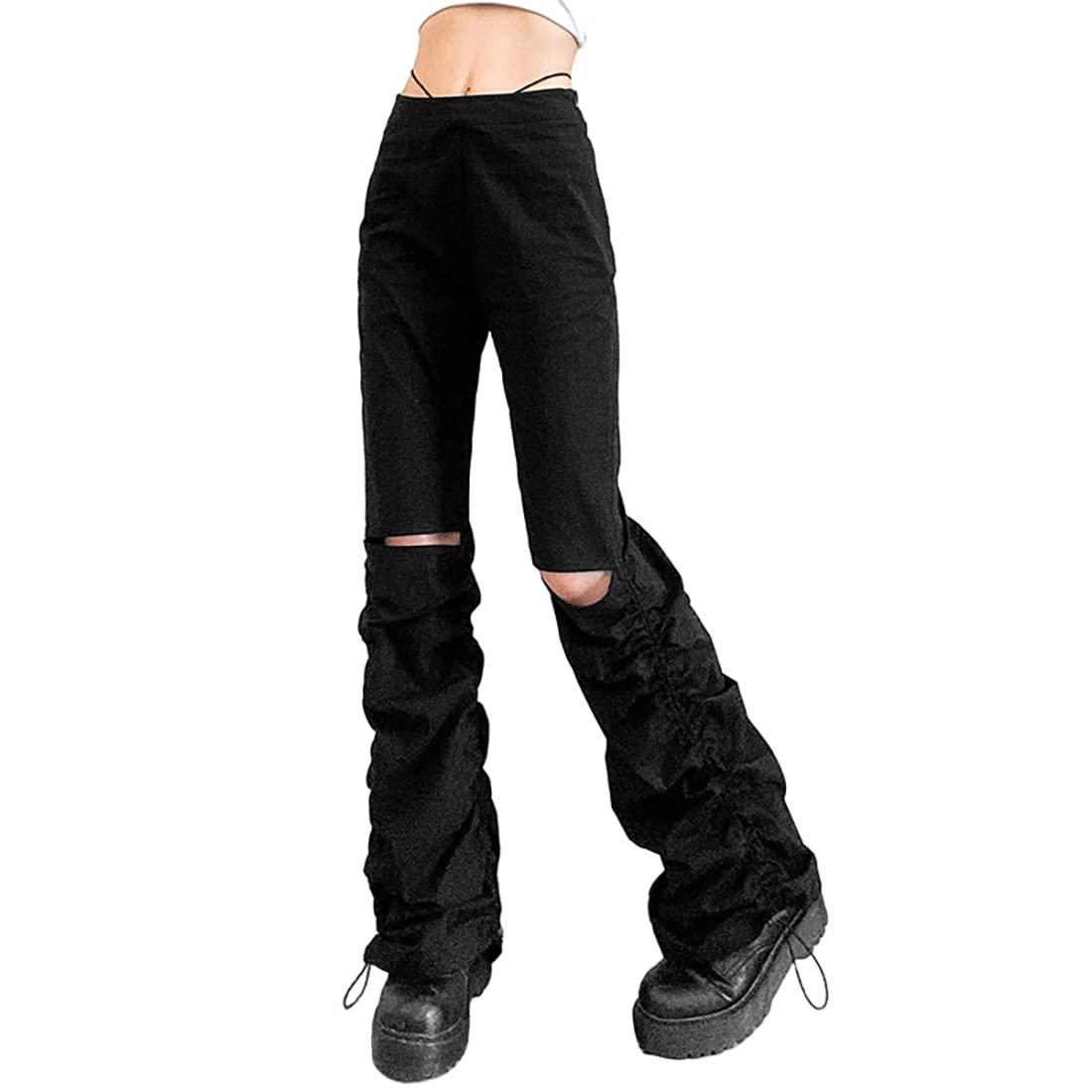 Harajuku Pants Womens Design Sense Pleated Drawstring Hollow Black Casual Pants high Waist Thin Loose Trousers