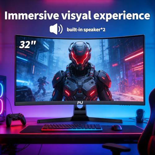 Image of PIJ 32 Inch Curved Monitor 4K 60Hz, UHD PC Monitor Built-in Speakers, Computer Screen for Home Office Business, DP, HDMI, Compatible with Wall mounting 100 * 100MM - Black