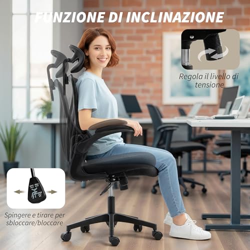 Homcom Sedia Da Ufficio Ergonomica Con Braccioli Ribaltabili E Schienale Pieghevole, Sedia Per Scrivania Con Funzione Dondolo, Poggiatesta Regolabile, Seduta Girevole, Nero - 8
